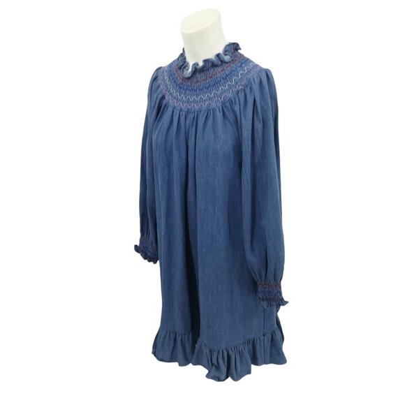 Rixo Azalea Smocked Denim Puff Sleeve Ruffle Mini Dress Size XS US 4 Prairie - Picture 7 of 13